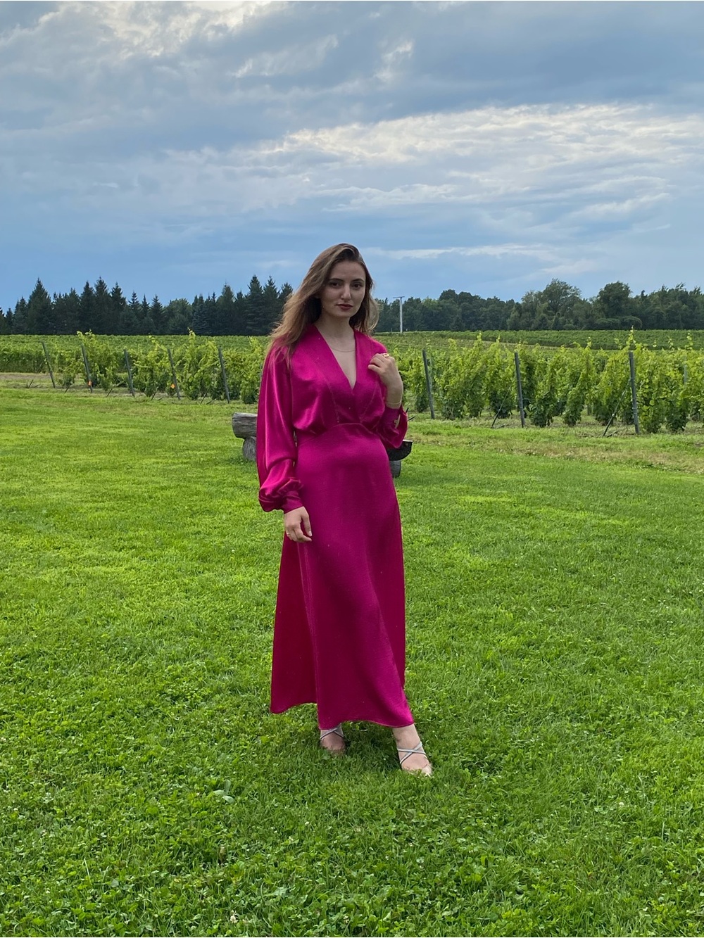 Magenta Satin Long Sleeve Wrap Dress